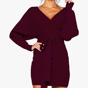 Women's Sexy Cocktail Long Sleeve Mock Wrap Knit Sweater Mini Dress